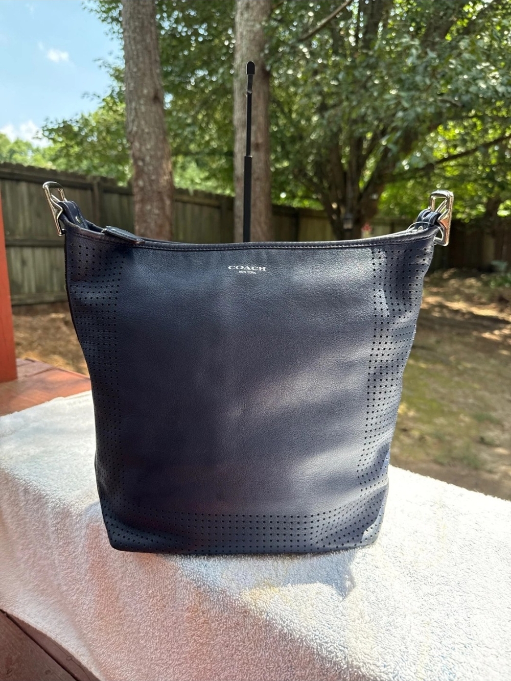 Coach Perforated Legacy Leather Bucket Bag in Navy No Strap